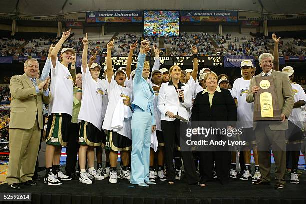 Head coach Kim Mulkey-Robertson of the Baylor Lady Bears celebrate after defeating the Michigan State Spartans in the 2005 Women's NCAA Basketball...