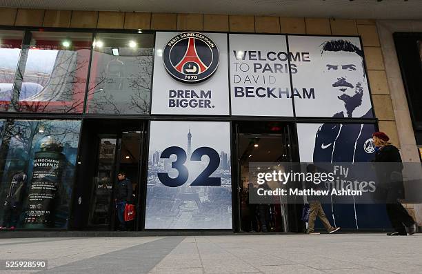 An image of David Beckham of Paris Saint-Germain on the front of the Nike PSG shop on the Champs Elysees in the city of Paris