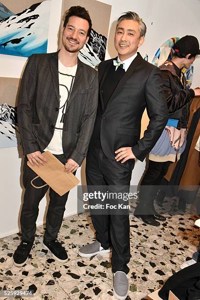 Tokyoite Galerie AD/curator Julien Sato and Painter Takeru Amano attend the 'Icones' by Takeru Amano Exhibition Preview at Galerie Tokyoite on April...