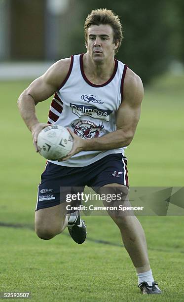 Shayne Dunley of the Manly Warringah Sea Eagles in action during a training session at the Sydney Institute of Sport at Narrabeen April 6, 2005 in...