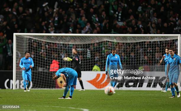 Dejected players from FC Internazionale after Celtic scored to make it 3-3