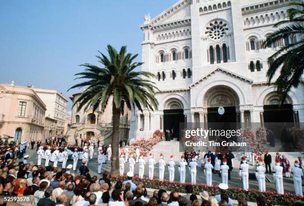 The scene outside the Cathedral during the funeral of Princess Grace, wife of Prince Rainier of Monaco in Monte Carlo with soldiers lining the...