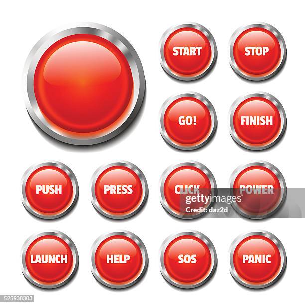 ilustrações, clipart, desenhos animados e ícones de botão vermelho brilhante, localizado em branco - botão do pânico