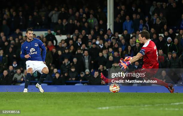 Kevin Mirallas of Everton scores his side's third goal