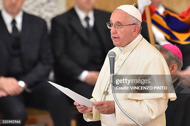 Pope Francis delivers a speech during an audience to the participants of the International Conference on the Progress of Regenerative Medicine and...