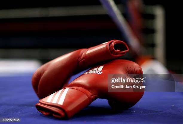 Detailed view of the boxing gloves ringside during day one of the Boxing Elite National Championships at Echo Arena on April 29, 2016 in Liverpool,...
