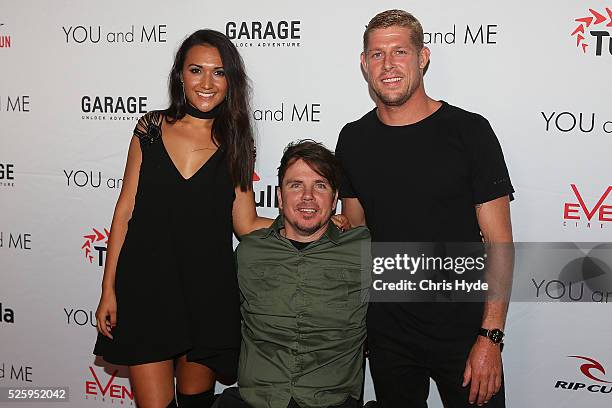 Kate Miller, Barney Miller and Mick Fanning arrive ahead of Gold Coast premiere of 'YOU and ME' at Event Cinemas Pacific Fair on April 29, 2016 in...
