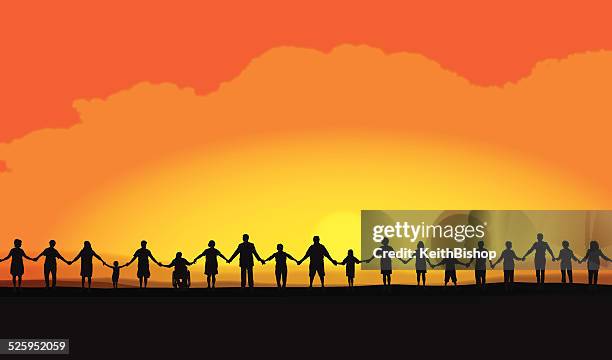 stockillustraties, clipart, cartoons en iconen met teamwork, holding hands at sunset background - mensen op een rij