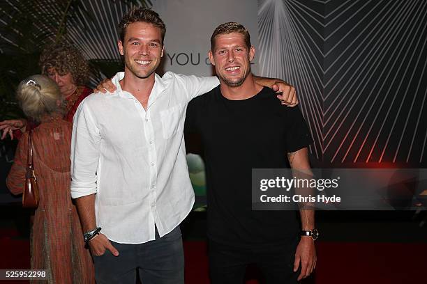 Lincoln Lewis and Mick Fanning arrive ahead of Gold Coast premiere of 'YOU and ME' at Event Cinemas Pacific Fair on April 29, 2016 in Gold Coast,...