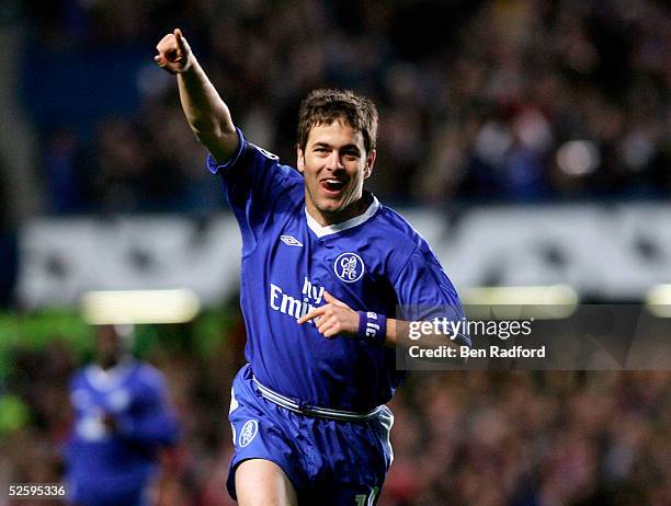 Joe Cole of Chelsea celebrates scoring the opening goal during the UEFA Champions League quarter final first leg match between Chelsea and Bayern...