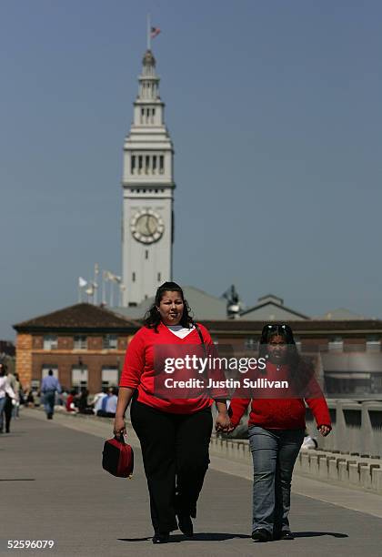 Woman walks with a child along the Embarcadero April 6, 2005 in San Francisco. According to a study released Tuesday, almost 53 percent of...