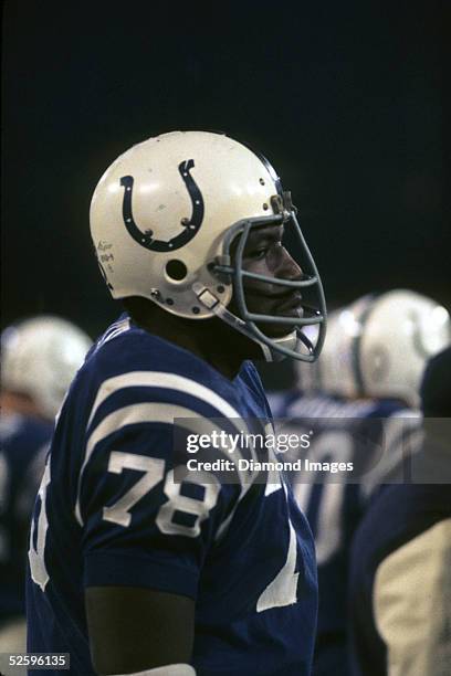 Defensive lineman Bubba Smith of the Baltimore Colts looks on from the sidelines during a game in the 1970 season.