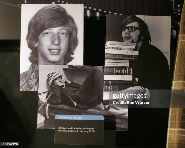 Pictures of Microsoft co-founders Bill Gates and Paul Allen, from the early 1970's, are on display at the Microsoft Visitor Center April 6, 2005 in...