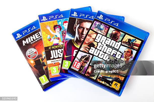 playstation 4 games - gta v, fifa14, minecraft xxxl - ps4 stock pictures, royalty-free photos & images