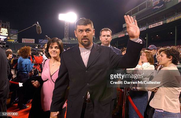 Red Sox catcher Jason Varitek and wife Karen attend the World Premiere of the new movie "Fever Pitch" April 6, 2005 at Fenway Park in Boston,...