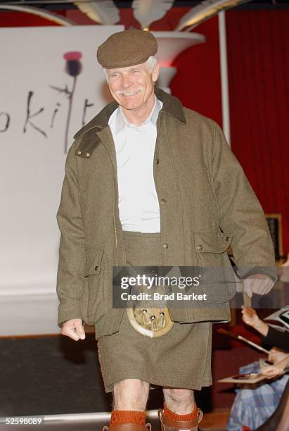 Ted Turner walks the catwalk in his kilt at the Johnnie Walker Presents Dressed to Kilt fashion show at the Copacabana on April 6, 2005 in New York.