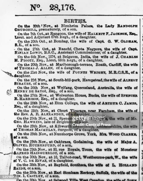 The births column of The Times newspaper showing, at the top, the announcement of the birth of British statesman Winston Churchill , which reads: 'On...