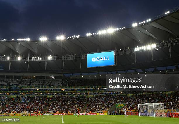 The scoreboard in Estadio Jornalista Mario Filho / Maracana Stadium in Rio de Janeiro, Brazil shows GOAL after Spain scored to make it 7-0