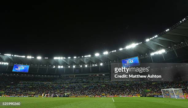 Estadio Jornalista Mario Filho / Maracana Stadium in Rio de Janeiro, Brazil showing the score Spain 10 Tahiti 0