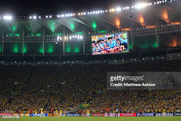 Green and yellow lights in the roof of the Estadio Jornalista Mario Filho / Maracana Stadium in Rio de Janeiro, Brazil as Brazil defeat Spain 3-0