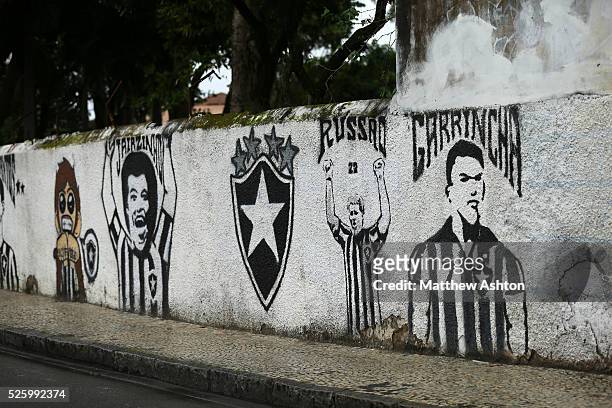 Football mural painting celebrating Botafogo de Futebol e Regatas on Rua General Severiano in Rio de Janeiro, Brazil outside their club house and...