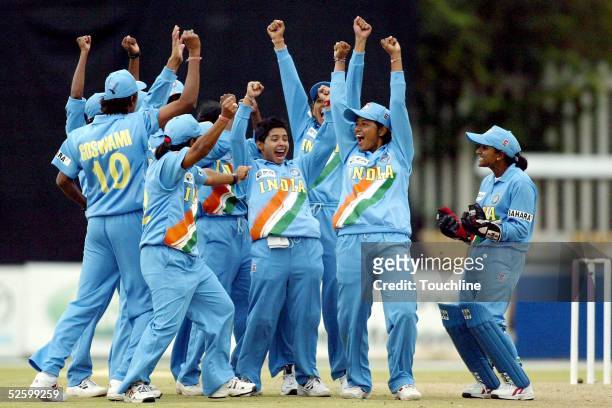 India players celebrate the wicket of Louise Milliken of New Zealand during the IWCC Women's World Cup Semi-Final between India and New Zealand at...