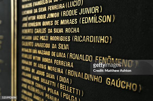 Names of the Brazil squad who won the FIFA World Cup in 2002 on the base of the statue of Hilderaldo Luiz Bellini outside the Estadio Jornalista...