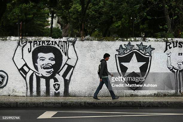 Football mural painting celebrating Botafogo de Futebol e Regatas on Rua General Severiano in Rio de Janeiro, Brazil outside their club house and...