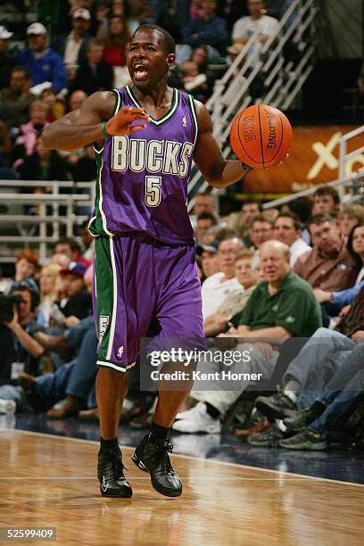 Anthony Goldwire of the Milwaukee Bucks sets up the play against the Utah Jazz on March 26, 2005 at the Delta Center in Salt Lake City, Utah. NOTE TO...
