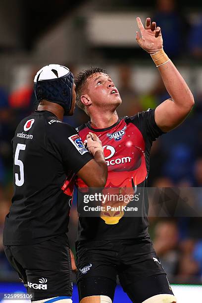 Hanro Liebenberg of the Bulls celebrates after crossing for a try during the round 10 Super Rugby match between the Force and the Bulls at nib...