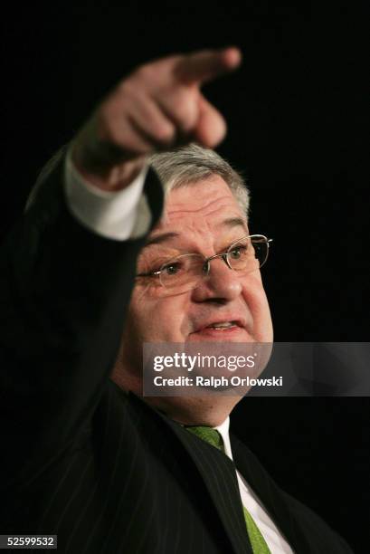 German Foreign Minister Joschka Fischer speaks at the regional election rally of his Green Party April 7, 2005 in Essen, Germany. The German fedaral...