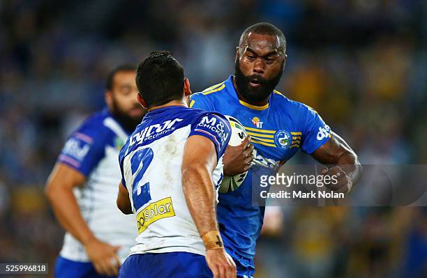 Semi Radradra of the Eels makes a line break during the round nine NRL match between the Parramatta Eels and the Canterbury Bulldogs at ANZ Stadium...