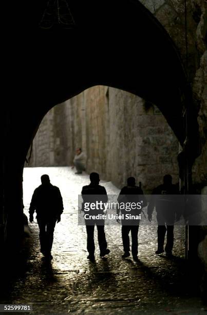 Israeli police patrol on April 7, 2005 in Jerusalem's Old City, Israel. Israel's Shin Bet security service has heightened the level of alert in...