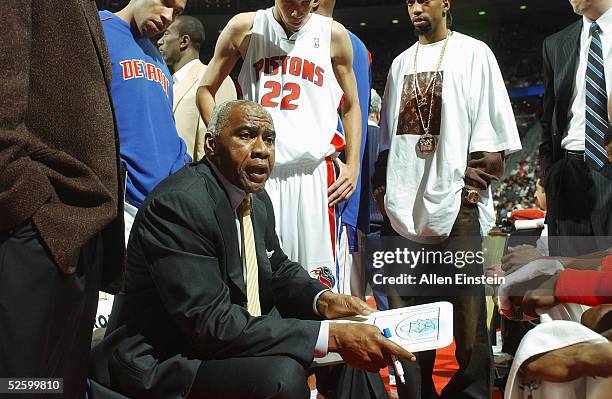 Assistant Garfield Heard of the Detroit Pistons talks to his team during a time out against the Indiana Pacers on March 25, 2005 during the NBA game...