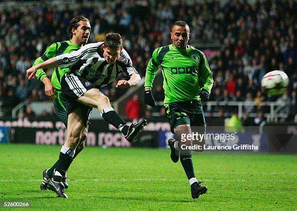 James Milner of Newcastle blasts his shot over the bar during the UEFA Cup Quarter Final First Leg match between Newcastle United and Sporting Lisbon...