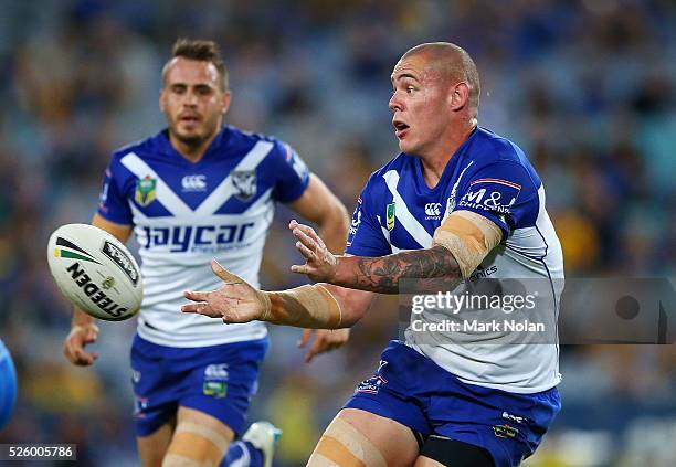 David Klemmer of the Bulldogs passes during the round nine NRL match between the Parramatta Eels and the Canterbury Bulldogs at ANZ Stadium on April...