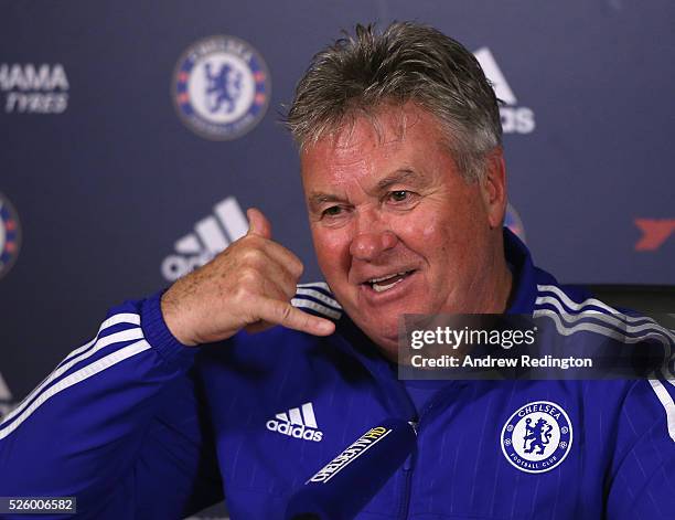 Guus Hiddink, the Chelsea manager, is pictured during a press conference at Chelsea Training Ground on April 29, 2016 in Cobham, England.