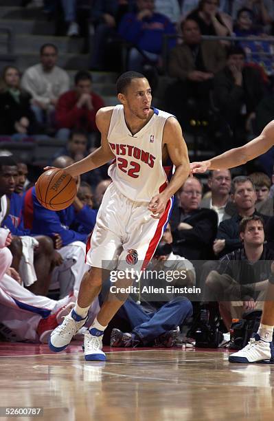 Tayshaun Prince of the Detroit Pistons drives against the Utah Jazz during the game on March 13, 2005 at the Palace of Auburn Hills, in Auburn Hills,...