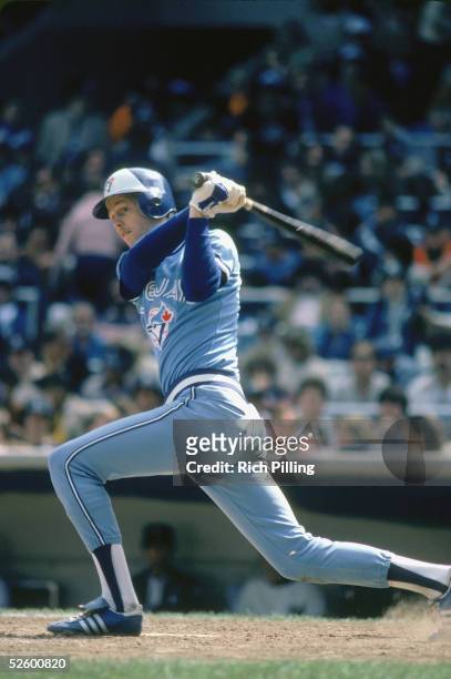 Danny Ainge of the Toronto Blue Jays swings at the ball during a game circa 1981. Danny Ainge played for the Toronto Blue Jays from 1979 -1981 and...