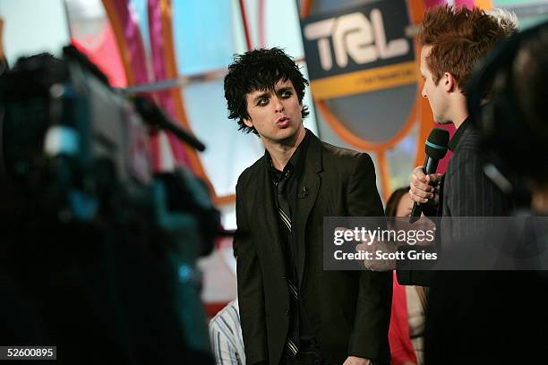 Billie Joe Armstrong of Green Day appears on stage during MTV's Total Request Live at the MTV Times Square Studios April 7, 2005 in New York City.