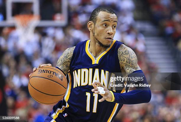 Monta Ellis of the Indiana Pacers dribbles the ball in the first half of Game Five of the Eastern Conference Quarterfinals against the Toronto...