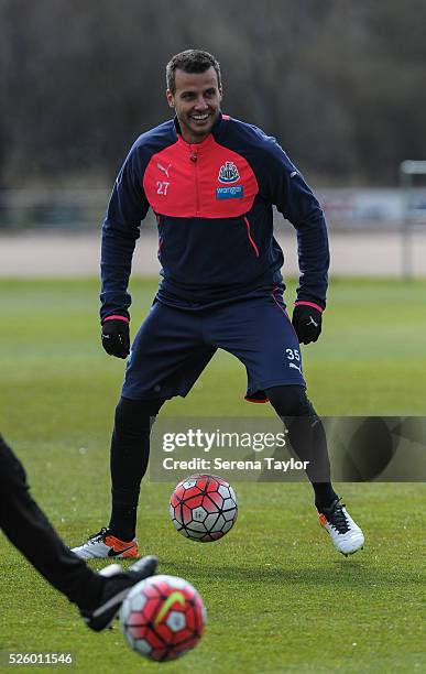 Steven Taylor looks to pass the ball during the Newcastle United Training session at The Newcastle United Training Centre on April 29 in Newcastle...