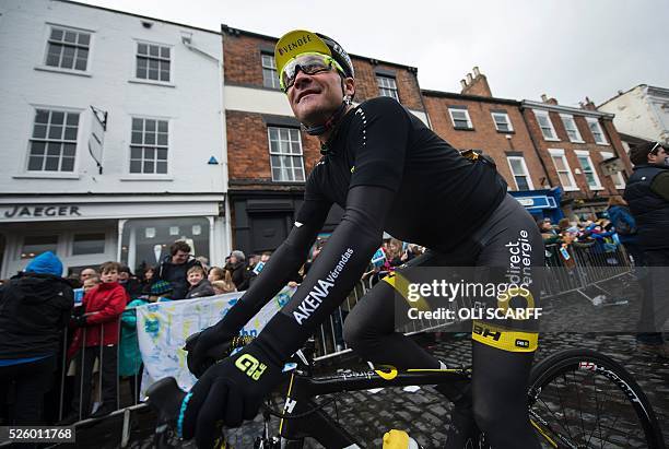 French cyclist Thomas Voeckler, riding for the Direct Energie team, makes his way to the start line to compete in the first stage of the Tour de...