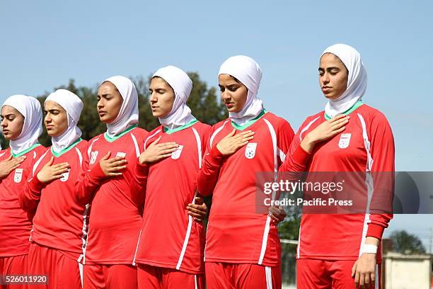 Iran players sings the national anthem before of Woman's U16 International Tournament match between England and Iran where England beats Iran with...