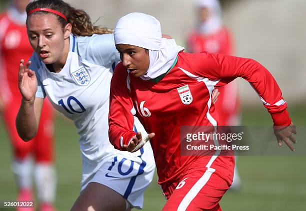 Fehimeh Arzani vies with Melika Mohammadi during of Woman's U16 International Tournament match between England and Iran where England beats Iran with...
