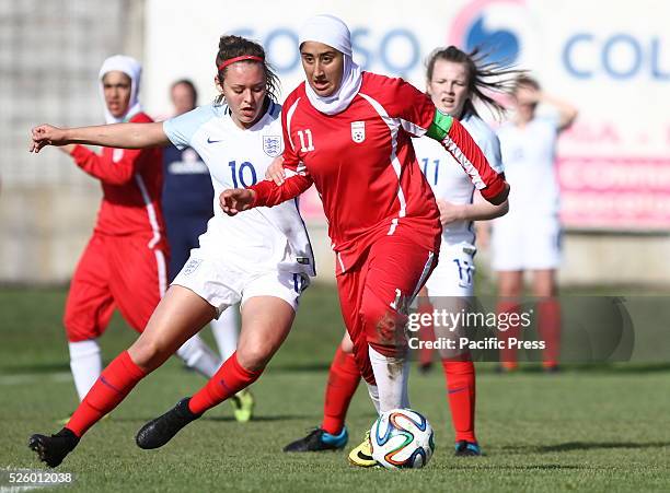 Fatemeh Geraelisheikh vies with Ella Rutherford during of Woman's U16 International Tournament match between England and Iran where England beats...