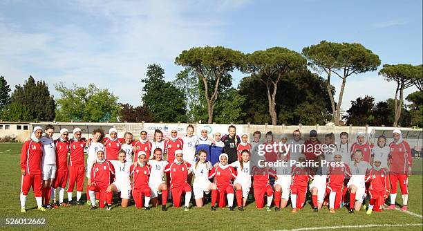 Iran and England players poses at the end of Woman's U16 International Tournament match between England and Iran where England beats Iran with 2-0...