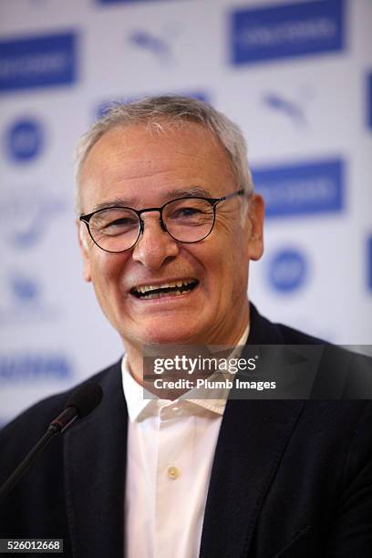 Manager Claudio Ranieri in front of a huge media presence during the Leicester City press conference at King Power Stadium on April 29th , 2016 in...