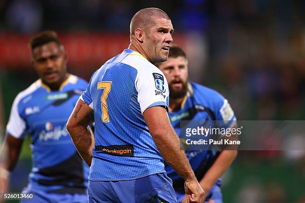 Matt Hodgson of the Force looks on during the round 10 Super Rugby match between the Force and the Bulls at nib Stadium on April 29, 2016 in Perth,...