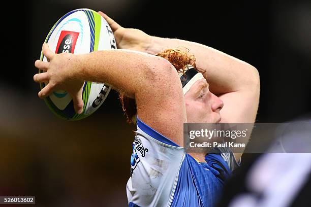 Harry Scoble of the Force throws the ball in for a line-out during the round 10 Super Rugby match between the Force and the Bulls at nib Stadium on...